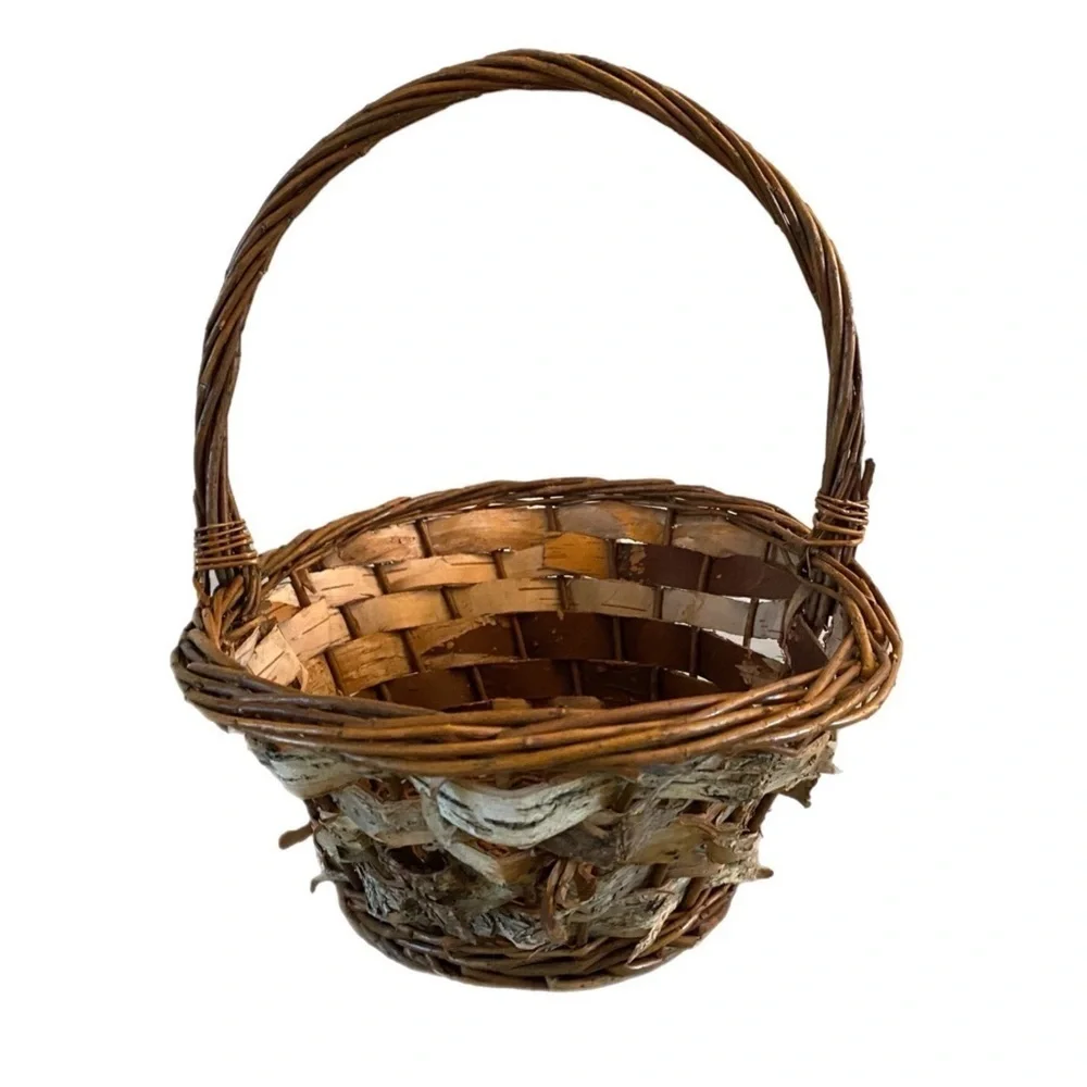 Woven Wicker Birch Bark Basket Country Farmhouse Lodge Cabin Decor Rustic 99 Tag